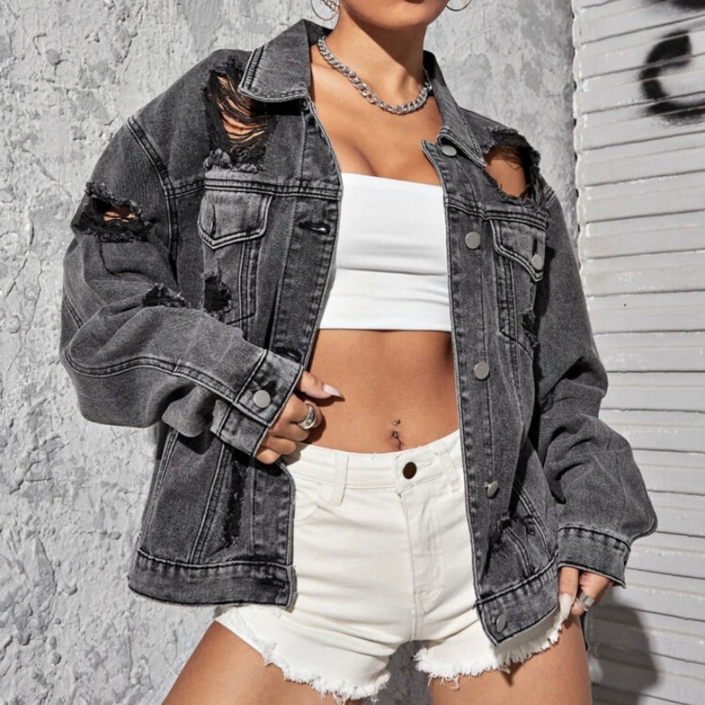 Gray wash distressed denim jacket